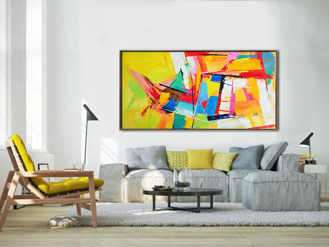 Extra Large Canvas Art,Horizontal Palette Knife Contemporary Art Panoramic Canvas Painting,Oversized Canvas Art Yellow,Red,White,Blue